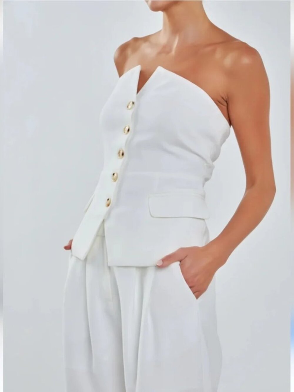 NWT Grey Lab Strapless Button Detailed Bustier Vest Sz XS White Tailored Lined